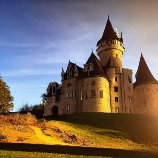 Prompt: a low angle photo of an epic newly constructed finished full size castle, backlit, sun rays coming out from behind the castle, dramatic lighting, sun glare, looming