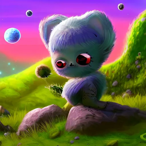 Prompt: cute fluffy alien on planet with craters and unusual plants detailed painting 4k