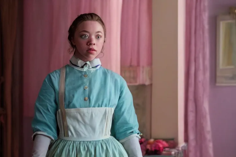 Image similar to wide-shot of Sydney Sweeney as the maid in a movie directed by Wes Anderson, symmetrical shot, idiosyncratic, relentlessly detailed, pastel colour palette, detailed perfect face, movie still frame, artstation, promotional image, imax 70mm footage