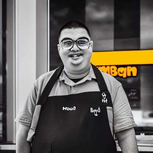 Prompt: Budai working at McDonalds, photography, 8K