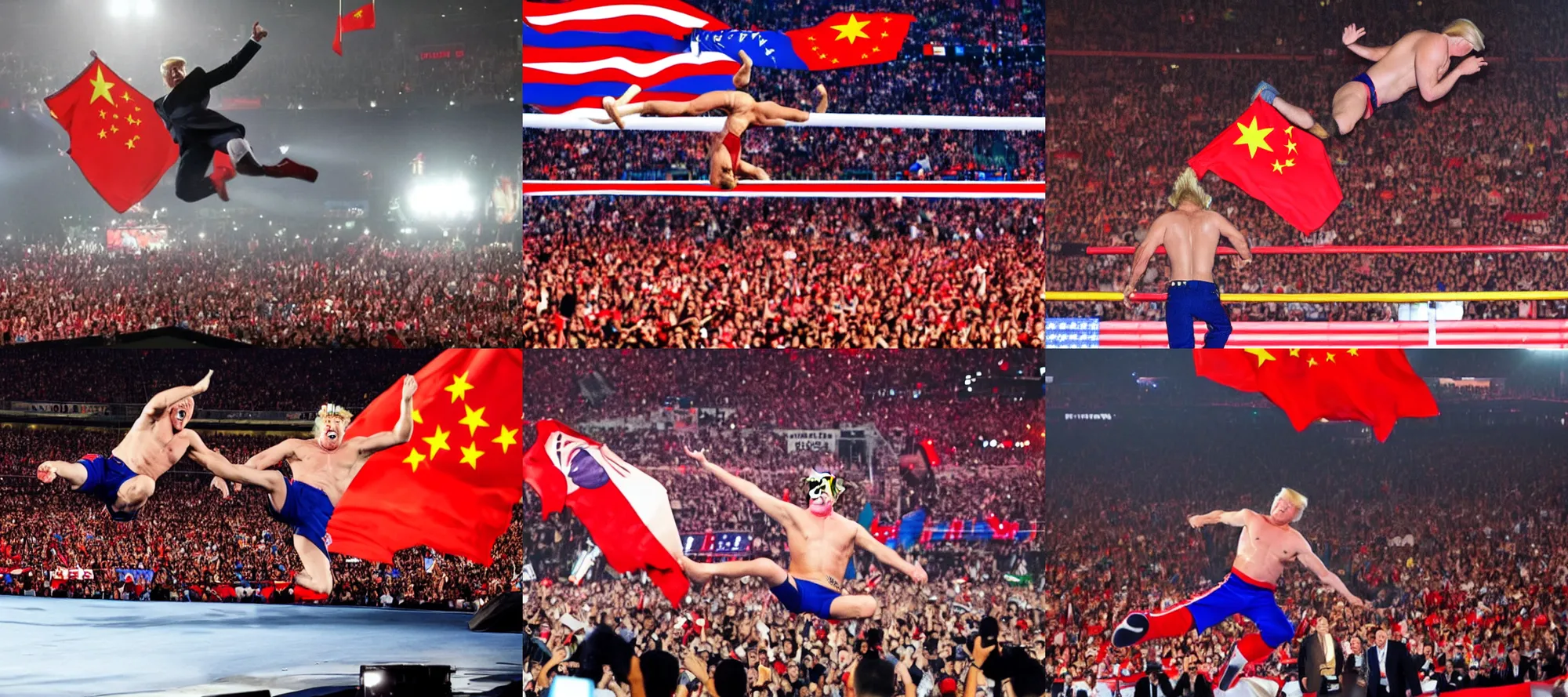 Prompt: a hero shot of donald trump shirtless doing a dropkick in the air, chinese flag in the background, backlit, epic, photo