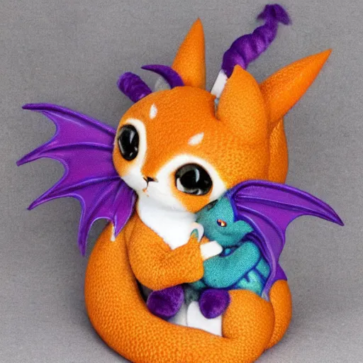 Image similar to small cute purple dragon, the dragon is hugging an orange tabby cat, soft, cozy