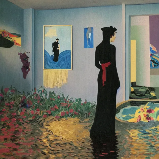 Image similar to tall female emo artists in their flooded apartment, painting of flood waters inside an artist's home, a river flooding indoors, pomegranates, pigs, ikebana, zen, water, octopus, river, rapids, waterfall, black swans, canoe, berries, acrylic on canvas, surrealist, by magritte and monet