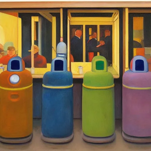 Image similar to robots queue up for ice cream, ( ( ( grant wood ) ) ), pj crook, ( ( ( edward hopper ) ) ), oil on canvas