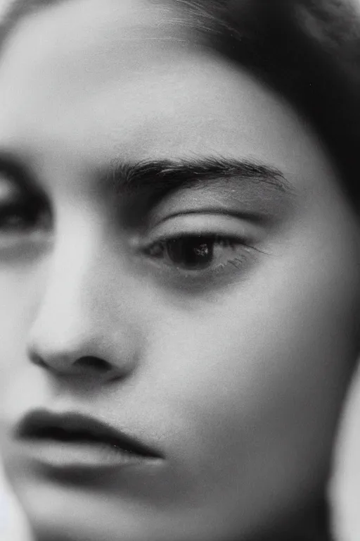 Image similar to extreme close-up black and white portrait, fashion model face, Peter Lindbergh, 35mm, film photo, small aperture
