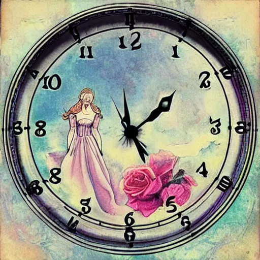 Prompt: Alice in Wonderland,Clock,Rose twining,out of time and space,dreamy, eternity, romantic,highly detailed,in the style of Edward Hughes, night lighting