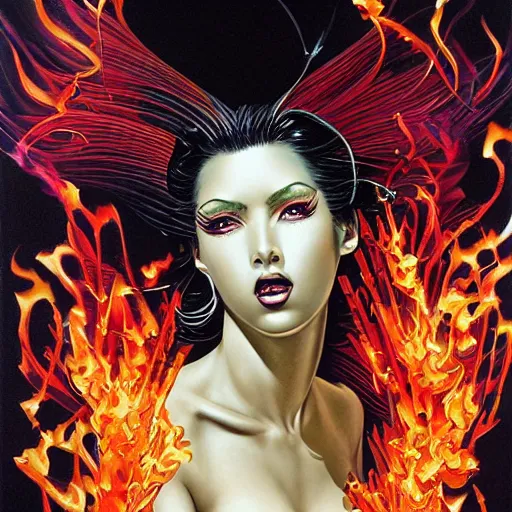 Prompt: the Pheonix Queen of fire and smoke painting by Hajime Sorayama