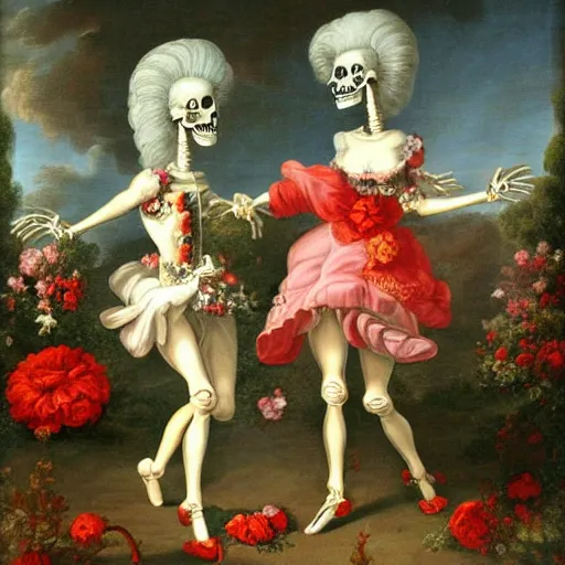 Prompt: two female skeletons dancing on stage, over Marie Antoinette corpse, while it rains flowers, red and white flowers, bold colors, Baroque