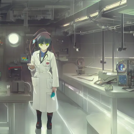 Image similar to in the hightech laboratory full of different advanced metal equipments very high details, volumetric fog, raytracing anime style girl in labcoat, fantastic details, anime art, trending on artstation, pixiv, makoto shinkai key visual kyoto animation studio ghibli tran ross and alphonse mucha and wlop concept art