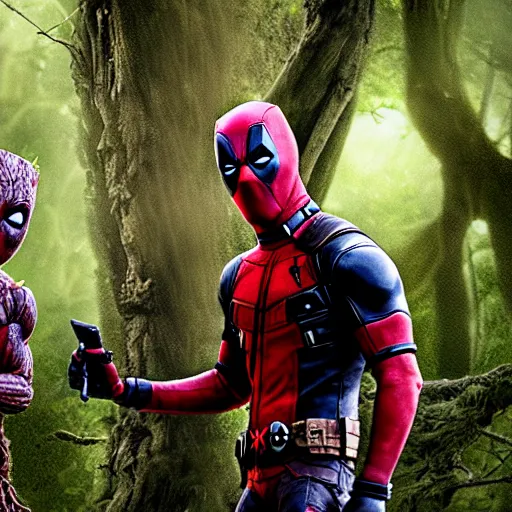 Image similar to deadpool and groot in the woods playing digital art 4 k detailed