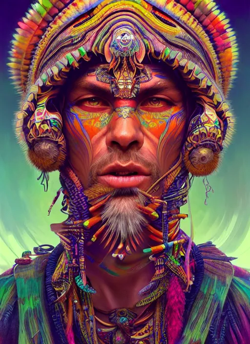 Image similar to hyper detailed ultra sharp of a wise tribal shaman trance man. trending on artstation, warpaint aesthetic, earthwave, colorful, psychedelic, ornate, intricate, digital painting, concept art, smooth, sharp focus, illustration, art by artgerm and greg rutkowski and alphonse mucha, 8 k