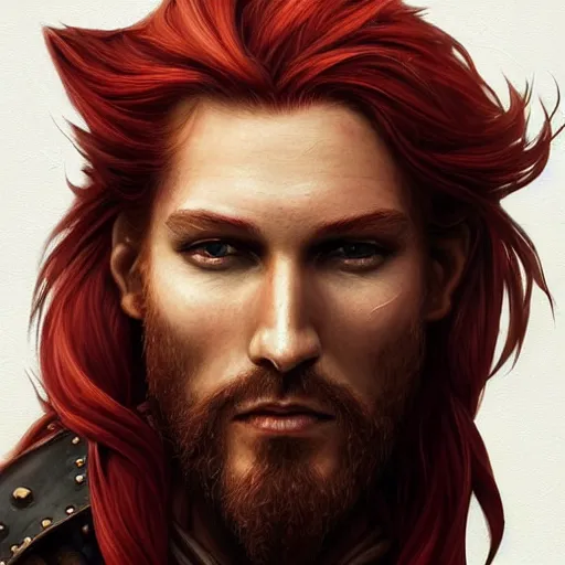 Image similar to portrait of a young pirate, 30 years old, male, ruggedly handsome, masculine, upper body, red hair, long hair, D&D, fantasy, intricate, elegant, highly detailed, cinematic lighting, digital painting, artstation, concept art, seductive, cutscene, sharp focus, illustration, art by Artgerm and Greg Rutkowski and Alphonse Mucha