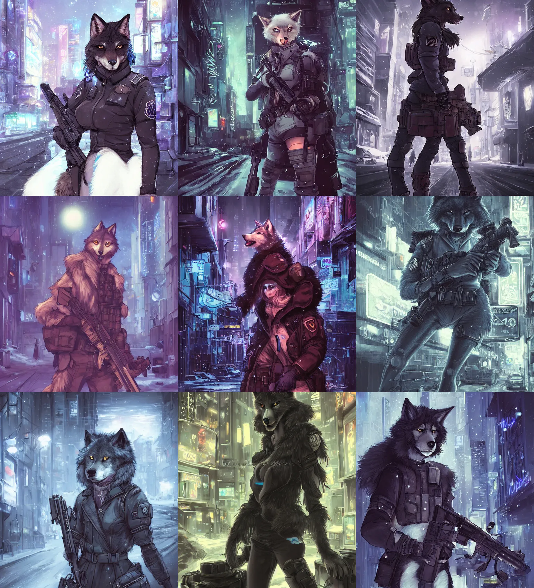 Prompt: beautiful furry art portrait commission of a female furry anthro wolf fursona both wearing a tactical swat uniform in the streets of a cyberpunk city at night in the snow. neon signs. character design by charlie bowater, ross tran, artgerm, and makoto shinkai, detailed, inked, western comic book art