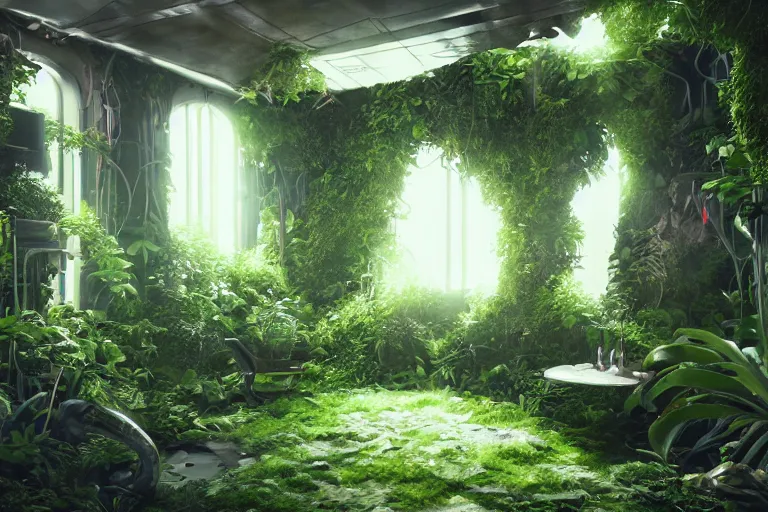 Image similar to inside a spaceship living quarters overgrown with plant life and ivy, artgerm, yoshitaka amano, gothic interior, 8 k, octane render, unreal engine