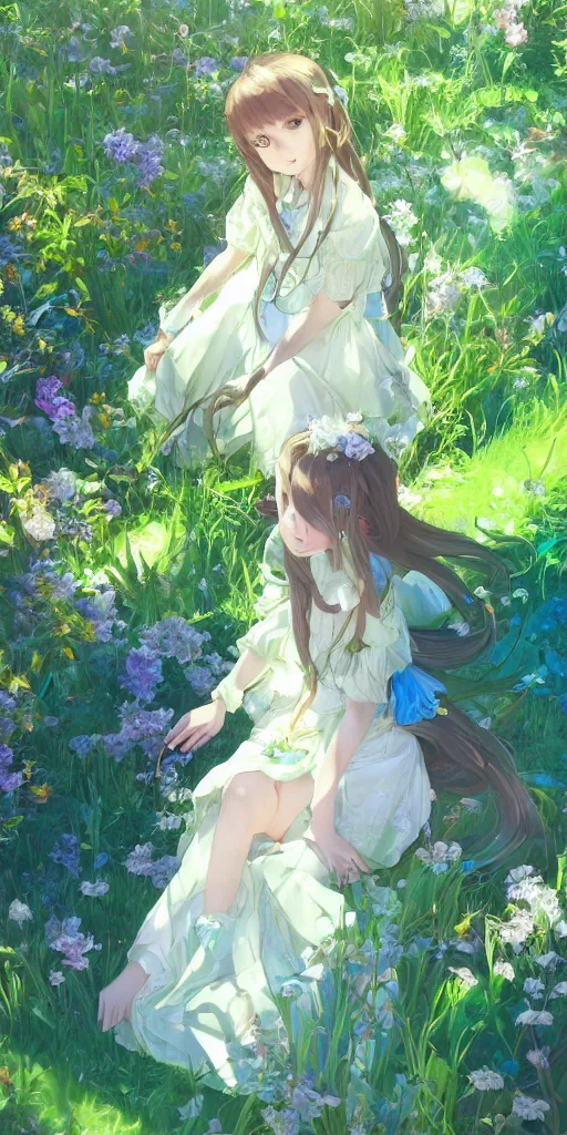 Image similar to a digital art of a loli with long hair in a dress in the privet garden at after noon, green and blue and warm theme, back lighting, highly detailed, 4 k resolution, trending on art station, elegant, by krenz cushart and mucha and akihito yoshida and greg rutkowski and makoto shinkai