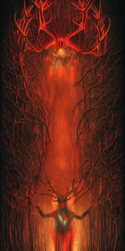 Image similar to intense glowing black metal pagan god with antlers and veins and intense glowing eyes in very dark forest by h r giger and beksinski and alphonse mucha, portrait, fantasy, clear, red and teal and yellow, light beams, lens flare, intense, uhd, amazing depth, cinematic lighting