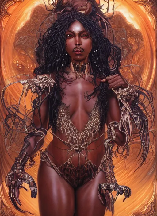 Prompt: a highly detailed symmetrical full body portrait of a sensual dark skinned female fantasy character with piercing beautiful eyes, art by artgerm and karol bak and mark brooks and donato giancola and bayard wu and gustav moreau and wayne barlowe