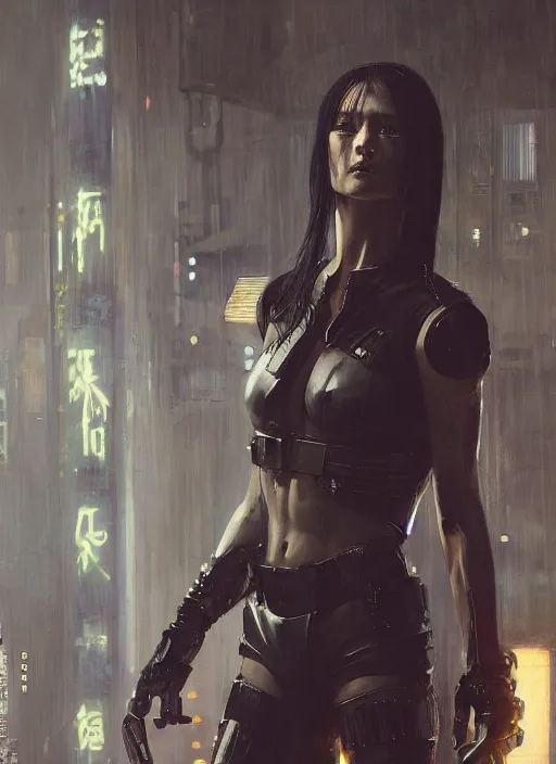 Image similar to katana. cyberpunk mercenary in a cyberpunk jumpsuit ( blade runner 2 0 4 9, cyberpunk 2 0 7 7 ). orientalist portrait by john william waterhouse and james gurney and theodore ralli and nasreddine dinet, oil on canvas. cinematic, hyper realism, realistic proportions, dramatic lighting, high detail 4 k