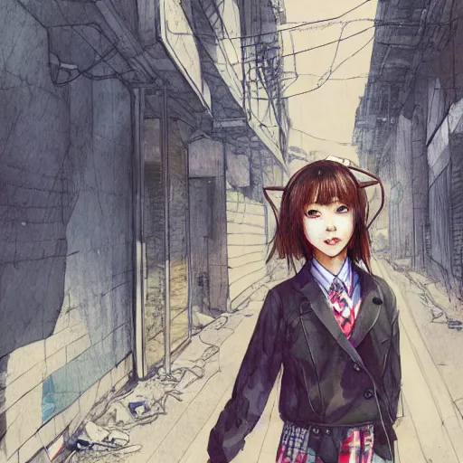 Prompt: a perfect, realistic professional digital sketch of a Japanese schoolgirl posing in a postapocalyptic alleyway, style of Marvel, full length, by pen and watercolor, by a professional American senior artist on ArtStation, a high-quality hollywood-style sketch, on high-quality paper