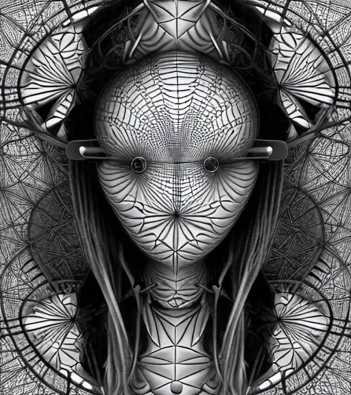 Prompt: photograph of beautiful biomechanical female blonde dreadlocks girl, hyper realistic skin, geometrical octagonal lace tattoos, polyhedral 3 d, roccoco futuristic android jones style steampunk, trippy lsd hippie, craftsmanship, intricate, hexagonal mesh wire, mandelbrot fractal spiral mandala alexander mcqueen, alex grey, giger, hyperreal, photorealistic