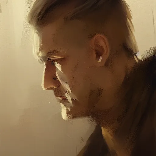 Image similar to A detailed oil painting of a priest in his thirties, sharp and angular face, dirty blonde hair reaching the shoulders, by Greg Rutkowski, trending on artstation