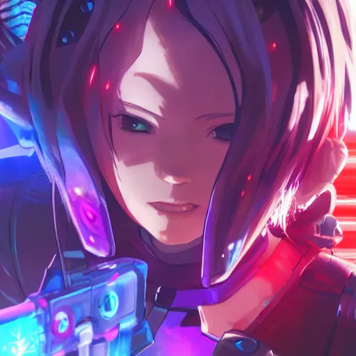 Image similar to anime cyberpunk movie still arcane, small female android cyborg - angel, glowing red left eye and glowing blue right eye, cinematic lighting, advanced digital cyberpunk art in the style of pokemon, wlop, rossdraws sakimimichan, ilya kuvshinov, krenz cushart, greg rutkowski - c 1 5