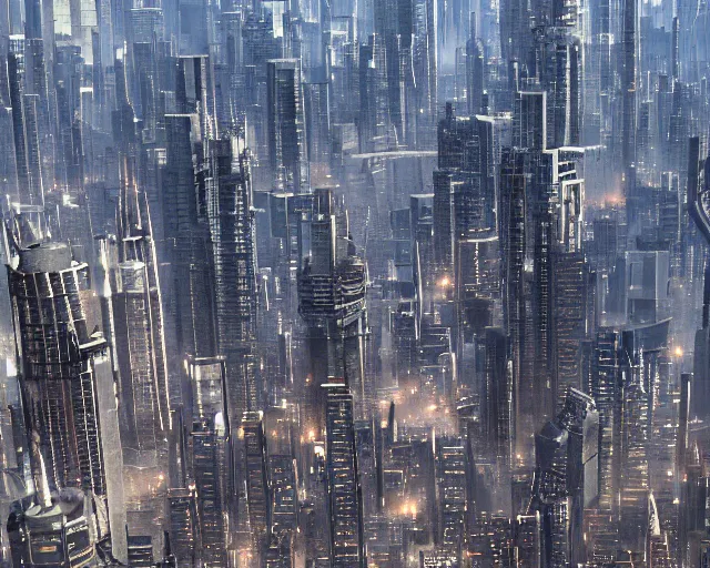Prompt: 4 k hd, high resolution photograph of coruscant cityscape, shot with sigma f / 4. 2, 2 5 0 mm sharp lens, wide shot, high level texture render
