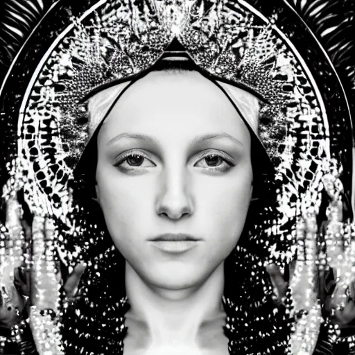 Image similar to portrait photo of virgin mary as a gorgeous raver girl, symmetrical composition, taken with leica 0-series no. 105