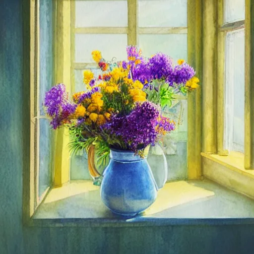 Prompt: bouquet of wild flowers in a blue jug, yellow wall, open window, drops of sunlight, dreamy lighting, highly detailed, cold colors, light tone, watercolor illustration, hd, style by impressionism, octane render, hyperdetailed environment, photorealism, hyper realistic n 9