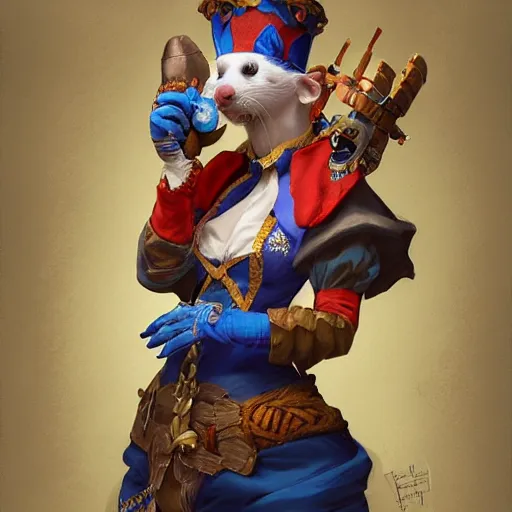 Image similar to a ferret dressed as a jester, d & d, fantasy, intricate, elegant, highly detailed, digital painting, artstation, concept art, matte, sharp focus, illustration, hearthstone, art by artgerm and greg rutkowski and alphonse mucha