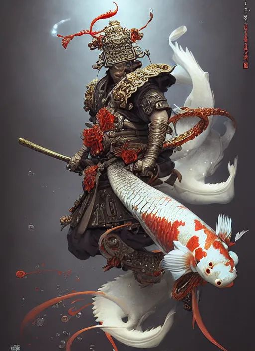 Image similar to subsurface scattering, white, koi, samurai deity with filigree koi armor, octane render, by jesper ejsing, james jean, justin gerard, tomasz alen kopera, cgsociety and fenghua zhong, highly detailed, rim light, cinematic lighting, art, very coherent, cinematic, hyper realism, high detail, 8 k