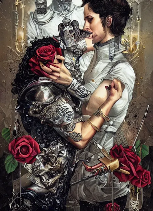 Image similar to tarot card :: horror :: hearts and roses :: gold and silver :: guns and swords :: Sandra Chevrier and bastien lecouffe deharme