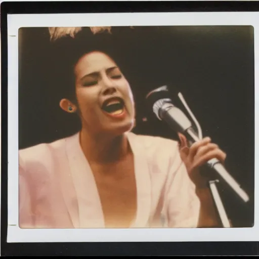 Image similar to polaroid photo of singer singing in an japan 1 9 8 0 pop concert, focus on the stage, photo by louise dahl - wolfe, color photo, colored