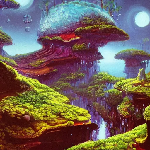 Image similar to illustration of a lush natural scene on an alien planet by paul lehr. extremely detailed. beautiful landscape. weird vegetation. cliffs and water.