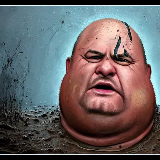Prompt: cartoon portrait of a fat angry man from arkansas wallowing in a mud pit, realistic, highly detailed, neon, rendered in octane, unreal engine, rain, beautiful, trending on artstation, emotional, cosmic horror painting, elegant intricate digital painting artstation concept art by mark brooks and brad kunkle extreme detail 4 k