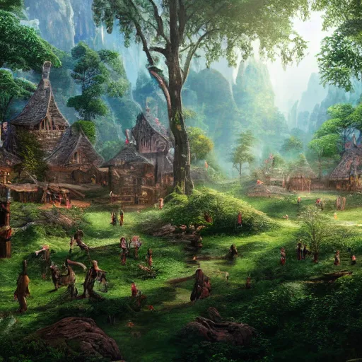 Prompt: An elven village surrounded by a forest, matte painting, stunning, 8k resolution, high detail, sun shining