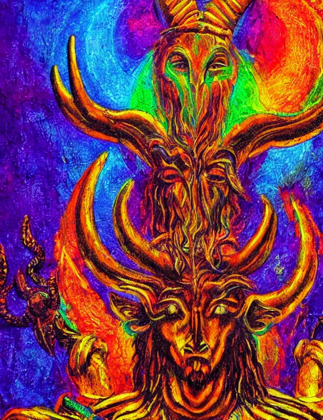 Image similar to the ancient god Baphomet, horned god of wisdom gnostic mystery religion, oil painting (beautiful), chromatic aberration strange colors