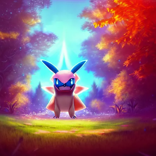 Image similar to beautiful digital fantasy illustration of a hyperrealistic pokemon evolving into a demon, cute smiling attractive pokemon, the trees of a flowery woodlands glistens as the morning sun touches its leaves with her gentle rays. pokemon of various shapes, sizes, and colors walk through the forest by alena aenami and arthur adams, octane render, detail texture, unreal engine, 8 k