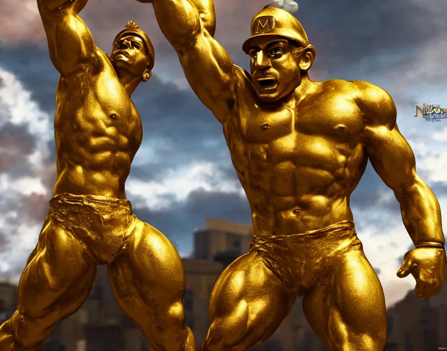 Prompt: golden statue of mario with muscle body like a giga chad, beautiful texture, beautiful graphics, fantasy artwork, very beautiful scenery, hd, hdr, ue 5, ue 6, unreal engine 5, cinematic 4 k wallpaper, 8 k, ultra detailed