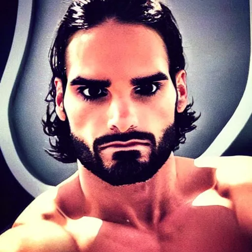 Image similar to “a realistic detailed photo of a guy who is an attractive humanoid who is half robot and half humanoid, who is a male android, Seth Rollins, shiny skin, posing like a statue, blank stare”