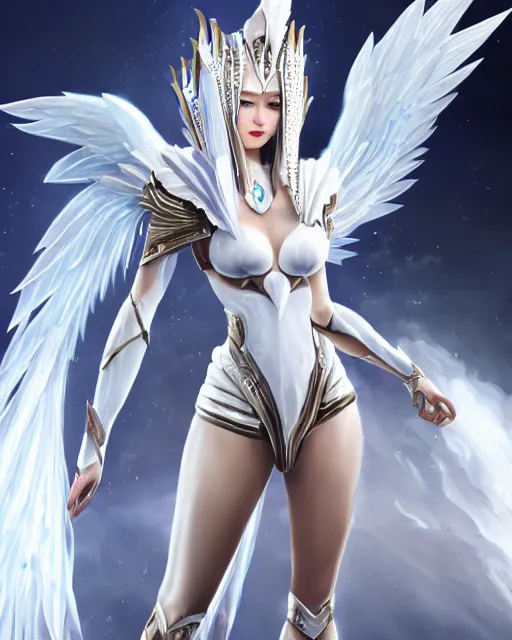 Image similar to perfect white haired egyptian goddess wearing white dove wings, warframe armor, regal, attractive, ornate, sultry, beautiful, ice queen, half asian, pretty face, blue eyes, detailed, scifi platform, 4 k, ultra realistic, epic lighting, android body, illuminated, cinematic, masterpiece, art by akihito tsukushi, voidstar