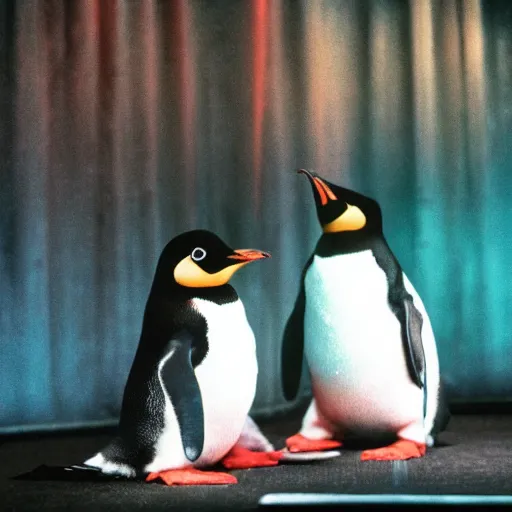 Prompt: two penguins in disco nightclub, ektachrome,