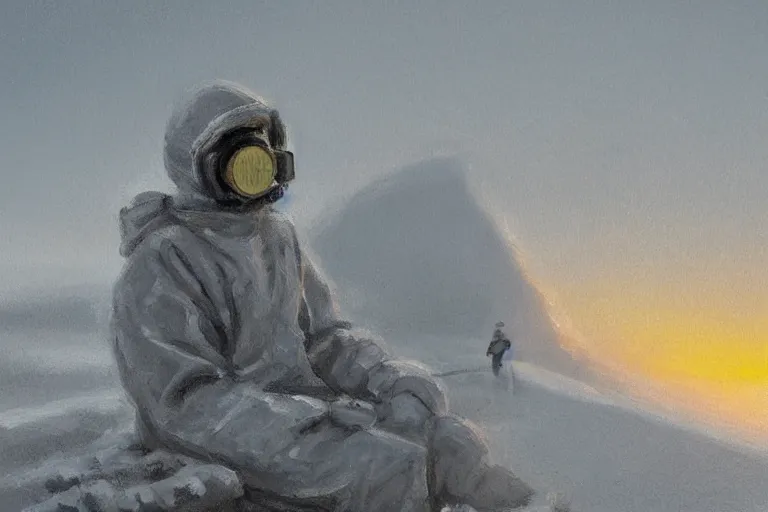 Prompt: ryan church jon mccoy concept art mood painting man wearing grey hazmat suit gas mask sitting against concreate wall snow covered field watching the beautiful winter sunrise