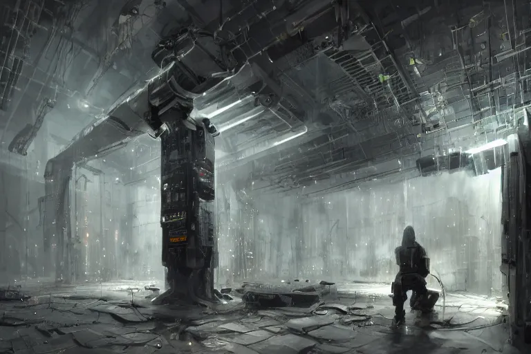 Image similar to parallax volumetric coherent gloomy colossal ruined server room in datacenter by eddie mendoza blender robot figure automata headless drone robot welder posing pacing fixing soldering mono sharp focus, emitting diodes, smoke, artillery, sparks, racks, system unit, motherboard, artstation cgsociety artofmtg hyperrealism cinematic dramatic painting concept art of detailed character design