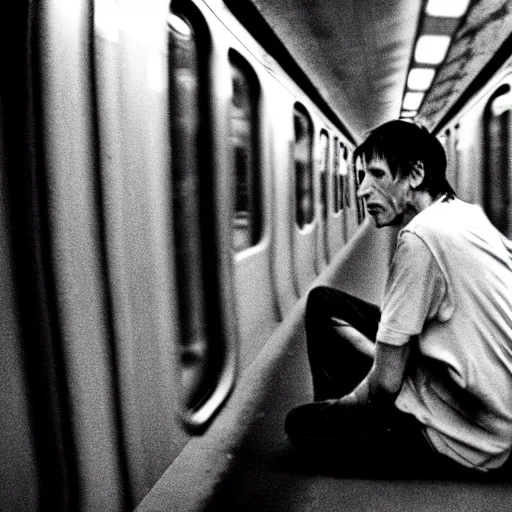 Image similar to tony hawk with no legs crying on a subway train, photograph, emotional lighting, moody shadows, 4 k