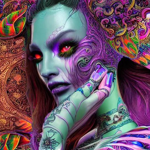 Image similar to psychadelic witch, beautiful face, hyper detailed, flowing psychadelic background intricate and detailed, ornate 8 k gorgeous intricate detailed, octane render