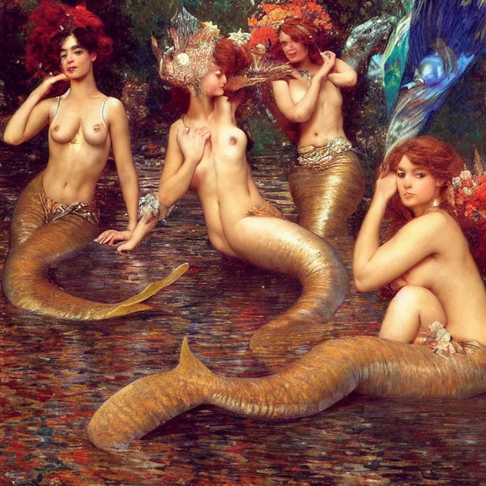 Prompt: beautiful portrait of mermaids wrestling, hard lighting, graceful, full body, warm lighting, painting by gaston bussiere, craig mullins, j. c. leyendecker, lights, art by ernst haeckel, john william godward, hammershøi