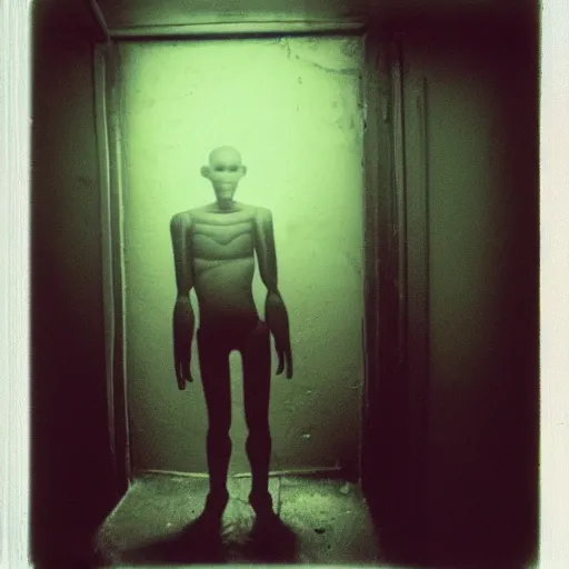 Image similar to a humanoid creature at the bottom of a dark stairwell, dark!, creepy!!!, unsettling, uncanny valley!, old polaroid, expired film,