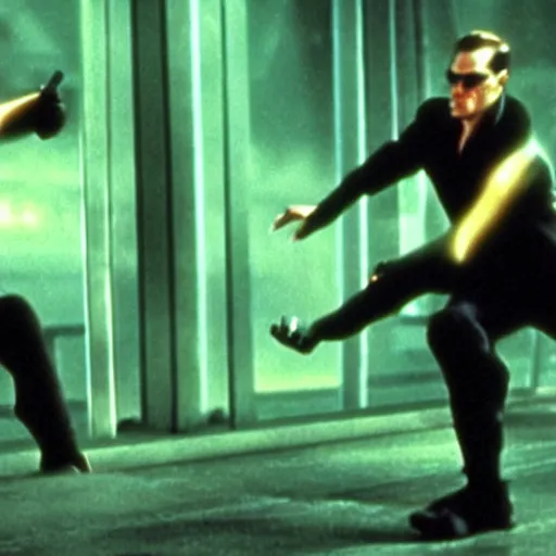 Prompt: neo fighting security. Matrix movie screenshot. Epic keyframe.