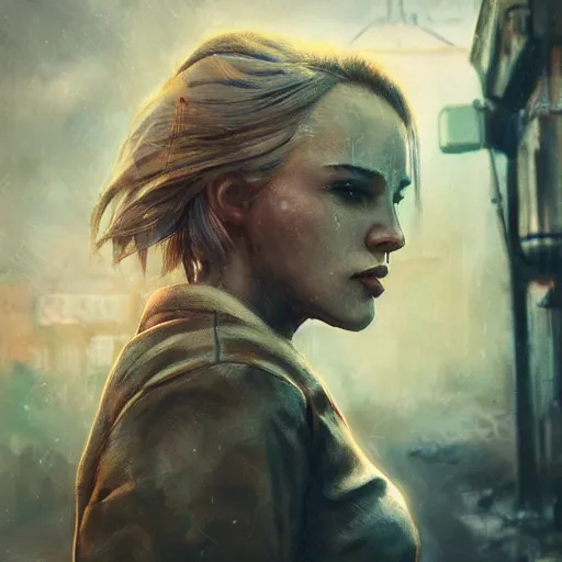 Prompt: fallout 5, charismatic beautiful rugged blonde female protagonist, portrait, outdoors ruined cityscape, atmospheric lighting, painted, intricate, volumetric lighting, beautiful, daytime, slight overcast weather, sharp focus, deep colours, ultra detailed, by leesha hannigan, ross tran, thierry doizon, kai carpenter, ignacio fernandez rios